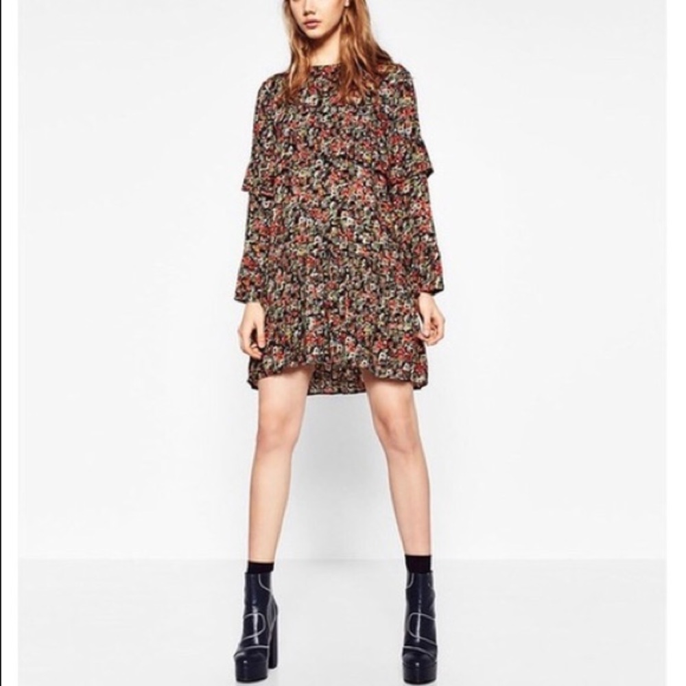 Zara Floral Ruffle Mini Dress Long Sleeves Multicolor Sz XS